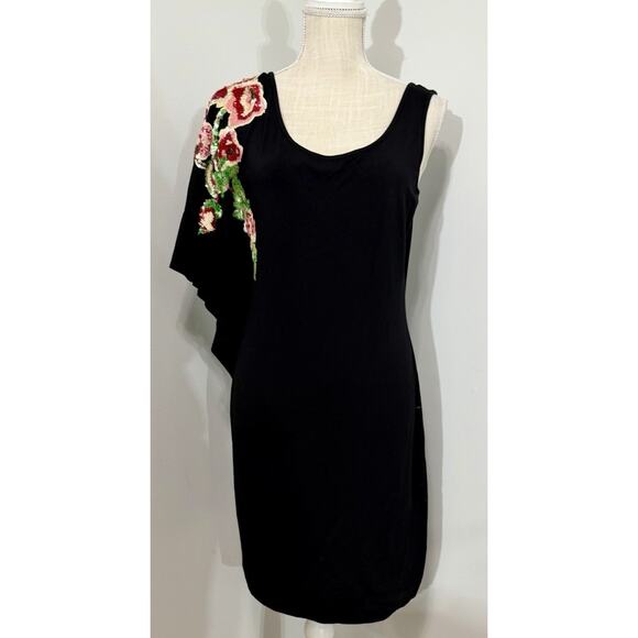 NEW Cache Dress One Shoulder Sequin Flower Embellished Black Sleeveless MEDIUM - Picture 1 of 3